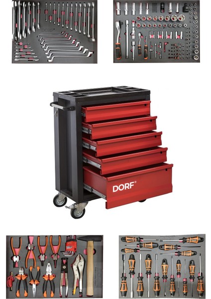 179 Parça Dolu Takım Arabası 5 Çekmeceli Profesyonel Atölyelere Özel Takım Arabası