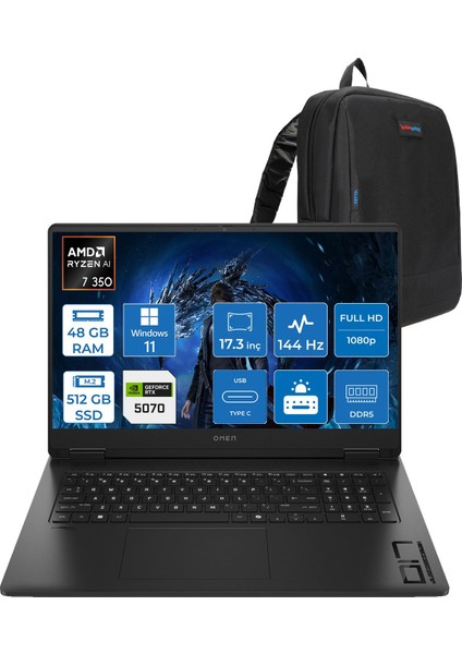 Omen 17-DB1005NT Amd Ryzen Aı 7 350 48GB Ddr5 512GB SSD RTX5070 8gb Gddr7 17.3 Inç Fullhd (1920 x 1080) 144Hz 7ms 300NITS IPS Windows 11 Home Taşınabilir Bilgisayar C67G2EAH25 + Zetta Çanta