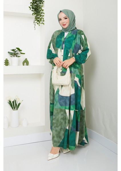 Kadın Yeşil Desenli Düğmeli Kat Kat Elbise fiyatları