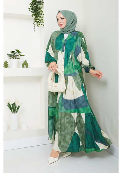 Kadın Yeşil Desenli Düğmeli Kat Kat Elbise modelleri