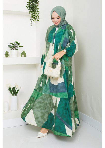 Kadın Yeşil Desenli Düğmeli Kat Kat Elbise fırsatları