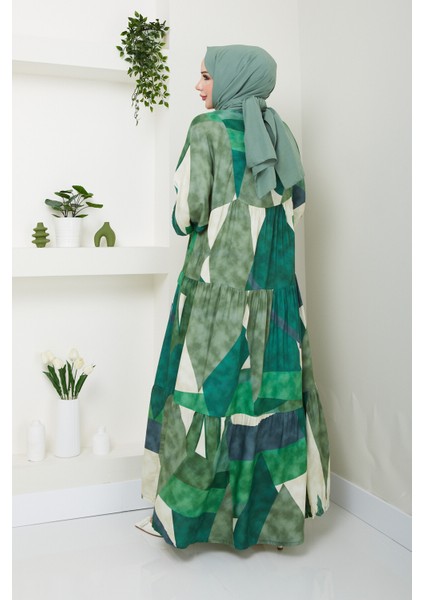 Kadın Yeşil Desenli Düğmeli Kat Kat Elbise indirimleri