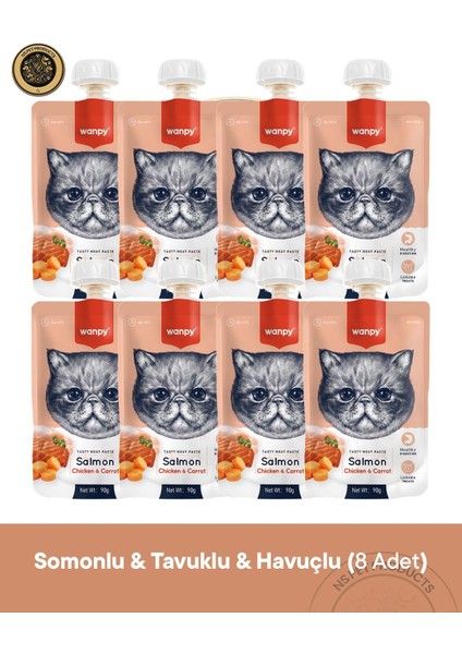 Somonlu, Tavuklu ve Havuçlu Kedi Et Ezmesi 8'li – 90 g × 8 Paket