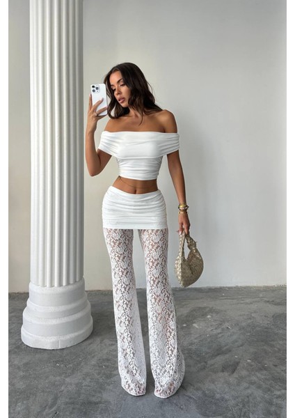 Kadın Transparan Dantel Detaylı Pantolon Crop Takım NBDF160 fiyatları