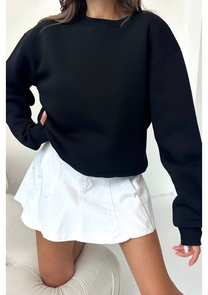 Kadın 2 Iplik Pamuklu Siyah Sweatshirt NBG103