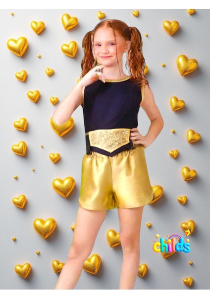 Ikili Takım Kız Çocuk Crop Pamuklu Üst Parlak Gold Lame Baskılı Kısa Şort