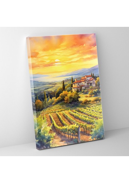 Şarap Duvar Sanatı - Suluboya Bağ Günbatımı - Şarap Şarap Sever Hediye Kanvas Tablo Ev Dekorasyonu