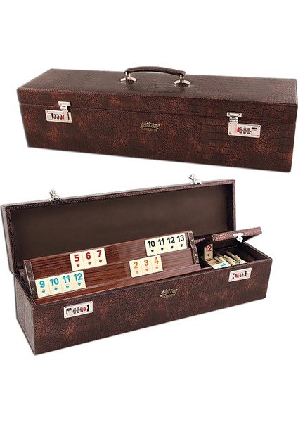 Büyük Boy Elit Deri Lüks Çantalı Tahta Ağaç Ahşap Kemik Taşlı Okey Takımı 43 cm Hediyeli