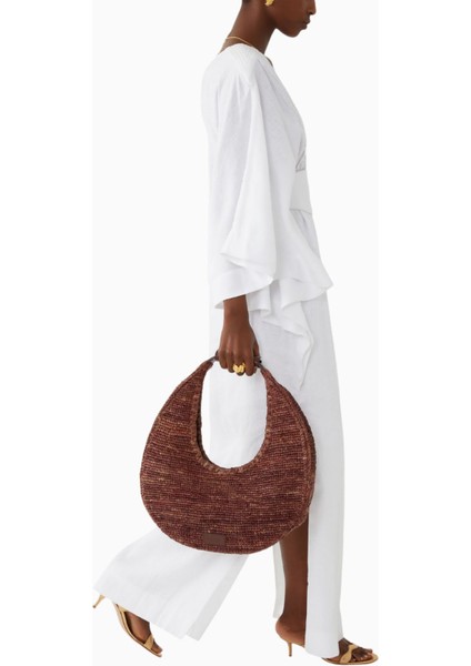 Large Raffia Moon Tote Çanta, Doğal Raffia, Geniş Tasarım indirimleri