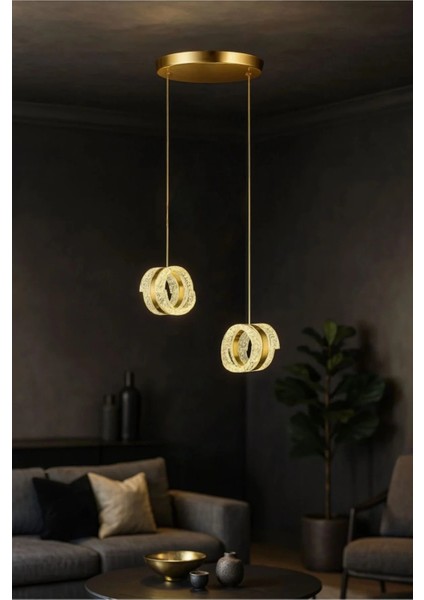 Aurea Model 2’li Gold 3 Renk Modu Ledli Salon Mutfak Oturma Odası Sarkıt LED Avize