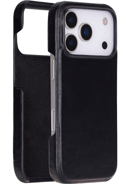 Apple iPhone 17 Pro Için, Hakiki Deri, El Yapımı Kılıf, Magsafe ile Uyumlu, Iç Yüzeyi Kadife, Kömür Siyah