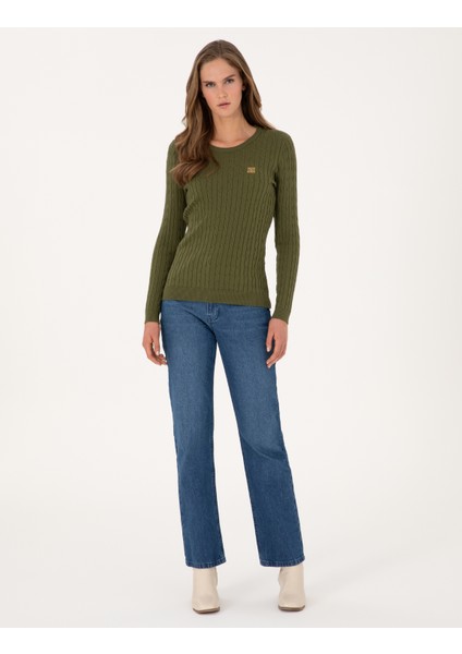 Kadın Haki Slim Fit Basic Kazak 50317072-VR027 fırsatları