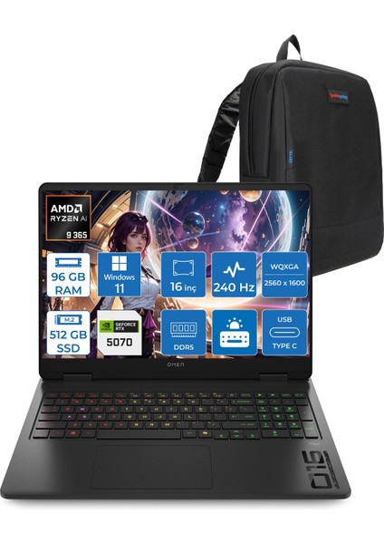 Omen Amd Ryzen™ Aı 9 365 Ddr5 96GB 512GB SSD 16INÇ Wqxga (2560 x 1600), 240 Hz, 3 Ms 500NİTS IPS WINDOWS11HOME Gaming Laptop C52QZEAH41+ZETTAÇANTA