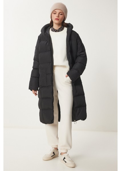 Kapüşonlu Oversize Uzun Şişme Kaban LNT0001 Siyah modelleri