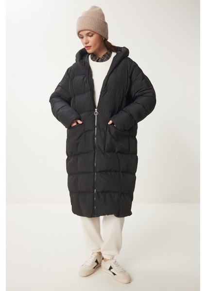 Kapüşonlu Oversize Uzun Şişme Kaban LNT0001 Siyah fırsatları