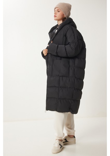 Kapüşonlu Oversize Uzun Şişme Kaban LNT0001 Siyah indirimleri