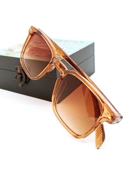 Retro Çerçeveli, Kahverengi Degrade Camlı Unisex Güneş Gözlüğü, Deri Kılıf Hediyeli