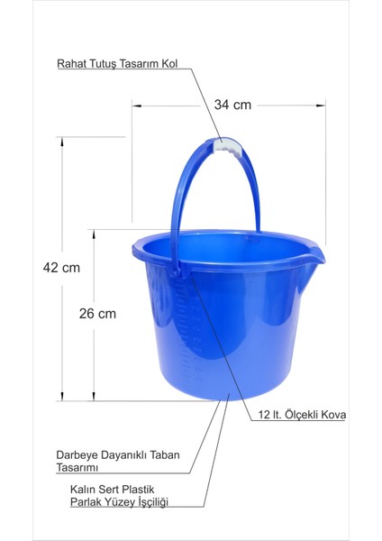 Büyük Saplı 12 Lt. Parlak Yüzey Sağlam Mavi Beher Araba Yıkama Bahçe Su Boya Balıkçı Kovası Kabı fiyatları