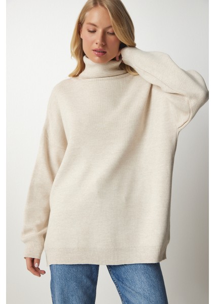Balıkçı Yaka Oversize Triko Kazak LBV0011 Bej