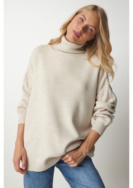Balıkçı Yaka Oversize Triko Kazak LBV0011 Bej fırsatları