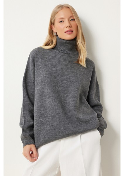 Balıkçı Yaka Oversize Triko Kazak LBV0011 Gri