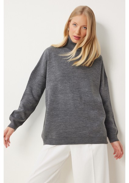 Balıkçı Yaka Oversize Triko Kazak LBV0011 Gri modelleri