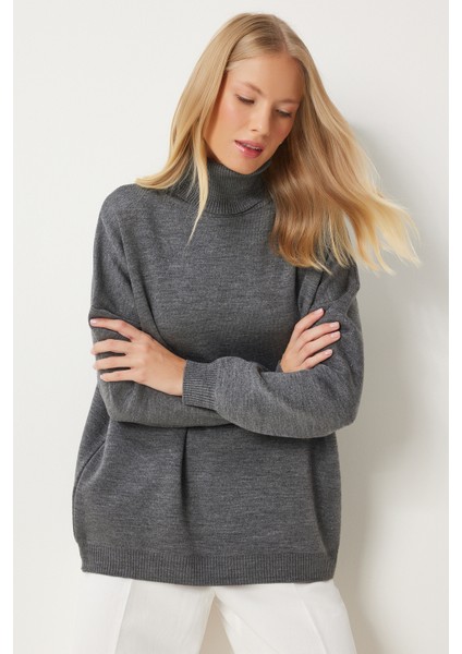 Balıkçı Yaka Oversize Triko Kazak LBV0011 Gri fırsatları