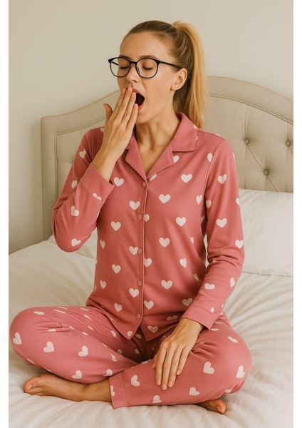 Kadın 6480 Yakalı Düğmeli Süet Uzun Kol Pijama Takımı Pembe