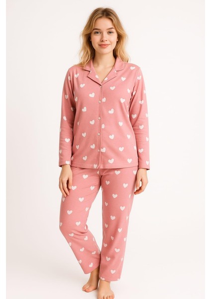 Kadın 6480 Yakalı Düğmeli Süet Uzun Kol Pijama Takımı Pembe fiyatları