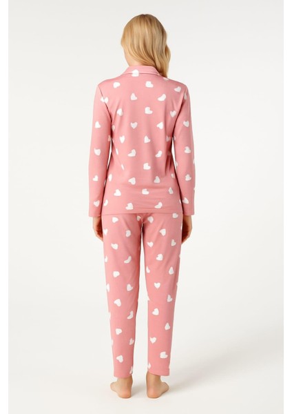 Kadın 6480 Yakalı Düğmeli Süet Uzun Kol Pijama Takımı Pembe modelleri