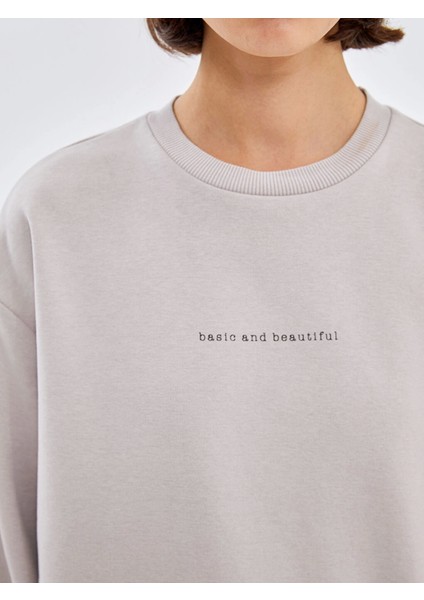 Lcw Vision Gri Bisiklet Yaka Baskılı Oversize Kadın Kalın Sweatshirt modelleri