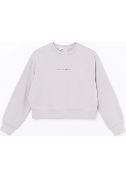 Lcw Vision Gri Bisiklet Yaka Baskılı Oversize Kadın Kalın Sweatshirt indirimleri