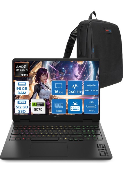 Omen Amd Ryzen™ Aı 9 365 Ddr5 96GB 512GB SSD 16INÇ Wqxga (2560 x 1600), 240 Hz, 3 Ms 500NİTS IPS Freedos Gaming Laptop C52QZEAF41+ZETTAÇANTA