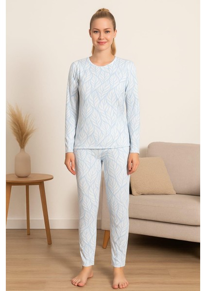 Kadın 6021 Sıfır Yaka Uzun Kol Pijama Takımı Mavi fiyatları