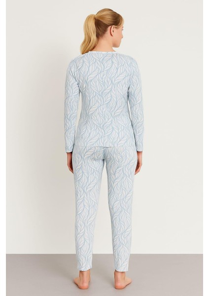 Kadın 6021 Sıfır Yaka Uzun Kol Pijama Takımı Mavi modelleri