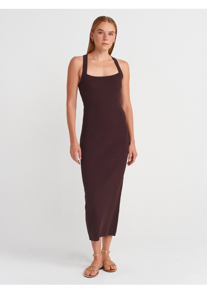 90253 Halter Yaka Fitilli Triko Elbise-Kahve