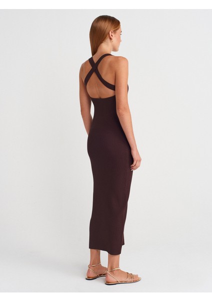 90253 Halter Yaka Fitilli Triko Elbise-Kahve fiyatları