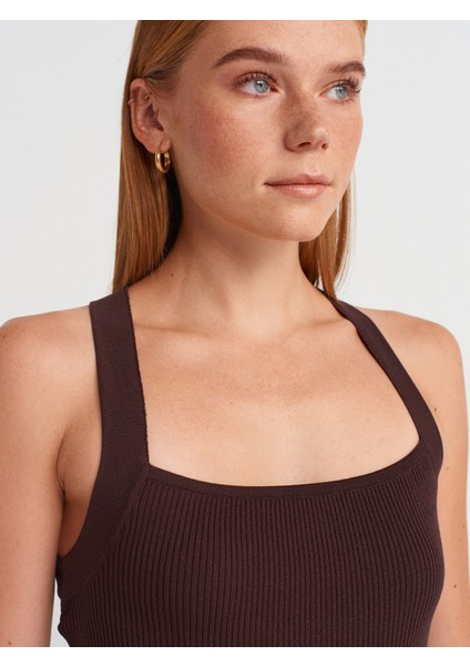 90253 Halter Yaka Fitilli Triko Elbise-Kahve modelleri