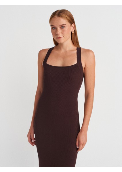 90253 Halter Yaka Fitilli Triko Elbise-Kahve fırsatları