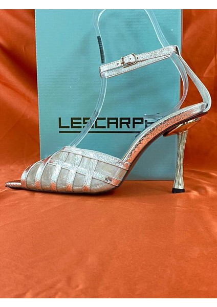 LES014 Gümüş Fileli Bilek Bağlamalı Abiye Ayakkabı Stiletto