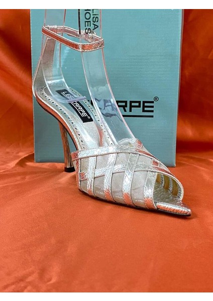 LES014 Gümüş Fileli Bilek Bağlamalı Abiye Ayakkabı Stiletto modelleri