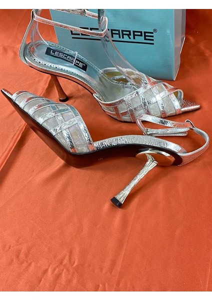 LES014 Gümüş Fileli Bilek Bağlamalı Abiye Ayakkabı Stiletto indirimleri