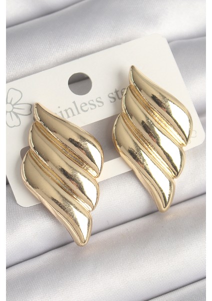 Pirinç Gold Renk 3 Sıralı Dalgalı Model Kadın Küpe