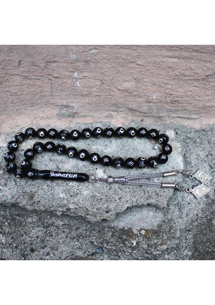 925 Ayar Gümüş İsim Ayyıldız İşlemeli Orijinal Oltu Taşı Tesbih