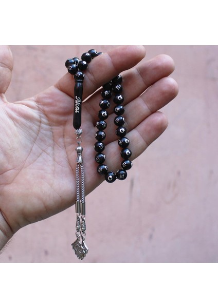 925 Ayar Gümüş İsim Ayyıldız İşlemeli Orijinal Oltu Taşı Tesbih modelleri