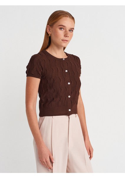 60980 Bisiklet Yaka Dokulu Düğmeli Triko Hırka-Kahve