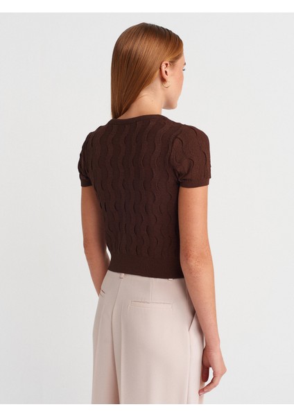 60980 Bisiklet Yaka Dokulu Düğmeli Triko Hırka-Kahve fiyatları