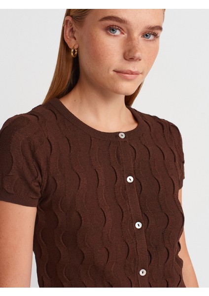 60980 Bisiklet Yaka Dokulu Düğmeli Triko Hırka-Kahve modelleri