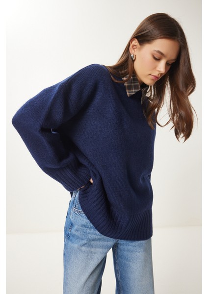 Yumuşak Dokulu Oversize Triko Kazak LPF0063 Lacivert modelleri