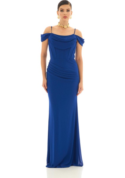 Kadın Askılı Uzun Şifon Abiye Elbise 58464 Saks